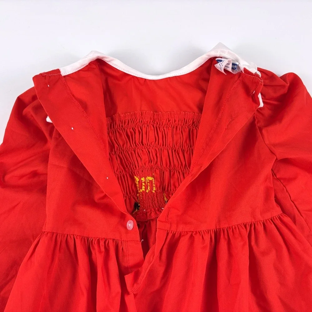 VTG Polly Flinders Embroidered Smocked Dress Sz 6 Red White School‎ Bus Charms
